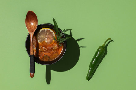 Spicy Moroccan Soup with Lemon and Fresh Green Pepper on Vibrant Green Backgroundの写真素材