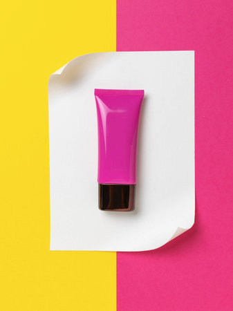 Minimalist Cosmetics Tube on Bright Yellow and Pink Background for Skincare and Beauty Products Advertisingの写真素材