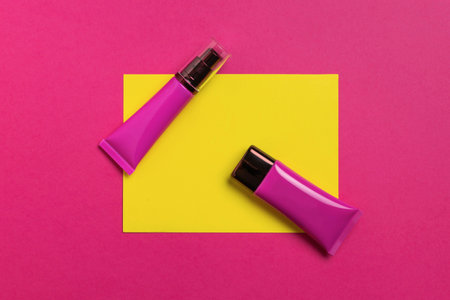 Vibrant Cosmetic Tubes on Colorful Background for Beauty and Skincareの写真素材