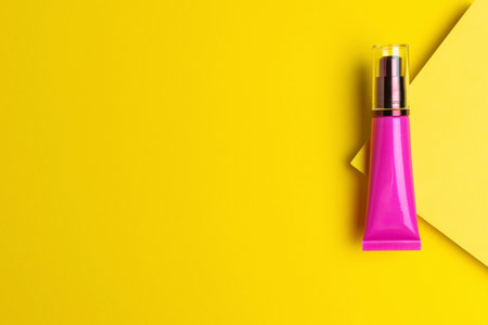 Bright Pink Cosmetic Tube on Bold Yellow Background for Beauty Product Advertisingの写真素材
