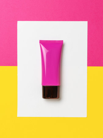 Bright Pink Cosmetic Tube on Colorful Background with Minimalist Designの写真素材