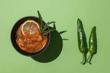 Spicy Tomato Soup with Lemon and Peppers on Green Backgroundの写真素材