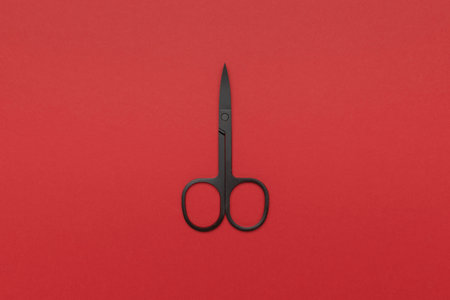 Minimalist Black Scissors on Bold Red Backgroundの写真素材