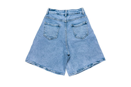 Back View of High-Waisted Blue Denim Shorts Isolated on White Backgroundの写真素材