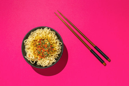 Bowl of Instant Noodles with Chopsticks on Vibrant Pink Backgroundの写真素材