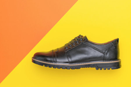 Black Leather Dress Shoe on Vibrant Yellow and Orange Geometric Backgroundの写真素材
