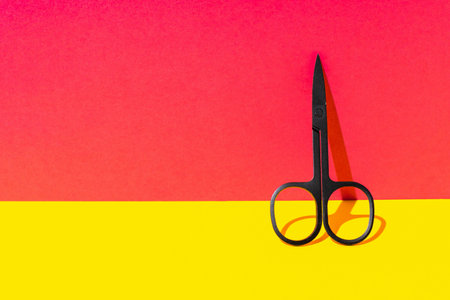 Black Scissors on Bright Red and Yellow Background - Minimalist Design and Color Contrastの写真素材