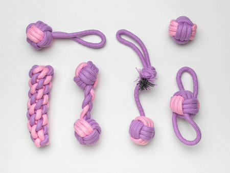 Colorful Handmade Rope Dog Toys in Purple and Pink on a White Backgroundの写真素材