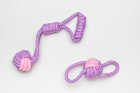 Colorful Knotted Rope Dog Toys in Purple and Pink Against White Backgroundの写真素材