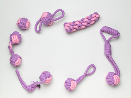 Assorted Purple and Pink Knotted Rope Dog Toys on White Backgroundの写真素材