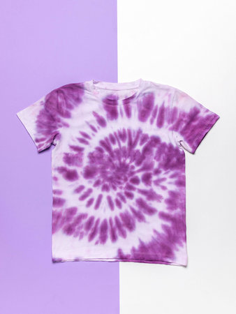 Purple Tie-Dye T-Shirt on Dual-Tone Background - Stylish, Trendy, Vibrant Fashionの写真素材