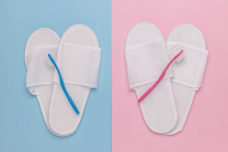 Minimalistic Duality: White Slippers and Toothbrushes on Pastel Pink and Blue Backgroundsの写真素材