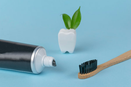 Eco-Friendly Oral Care: Black Toothpaste Tube, Bamboo Toothbrush, and Ceramic Tooth with Green Leavesの写真素材