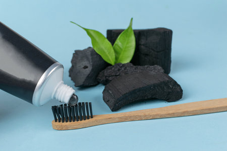 Charcoal Toothpaste on Bamboo Brush with Charcoal Chunks and Green Leavesの写真素材