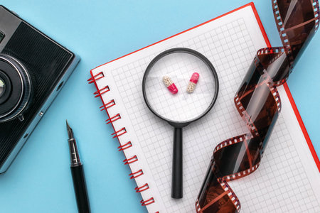 Creative Composition: Magnifying Glass Focused on Pills with Notebook, Film Strip, and Fountain Penの写真素材