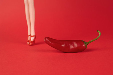 Red Theme: High Heels and Chili Pepper on Bold Backgroundの写真素材