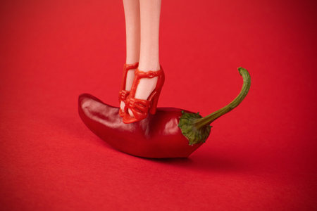 Stylish Doll Heels Balancing on Red Chili Pepper on Bold Red Backgroundの写真素材