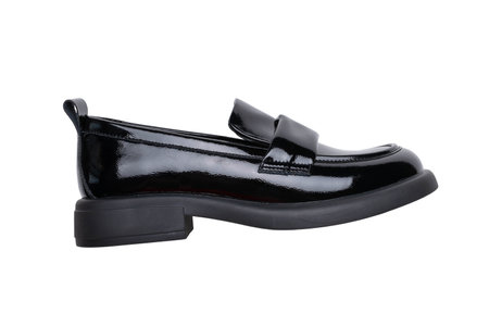 Stylish Black Patent Leather Loafer Shoe on Isolated Backgroundの写真素材