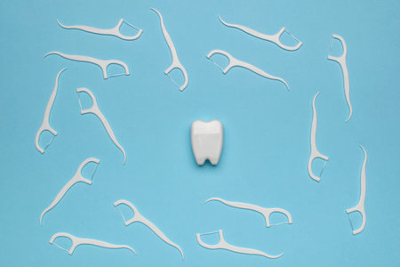 Dental Hygiene Concept with Tooth and Floss Picks on Blue Backgroundの写真素材