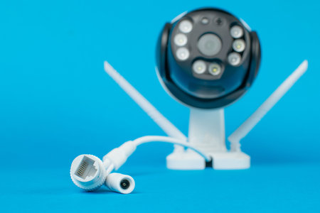 Modern Security Camera with Ethernet Connection against Blue Background