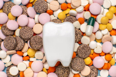 3D Tooth Model Surrounded by Colorful Pills and Capsules in Medical Conceptの写真素材