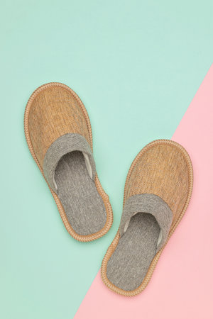 Cozy Home Slippers on Colorful Pastel Background - Minimalist Fashion Footwear Design