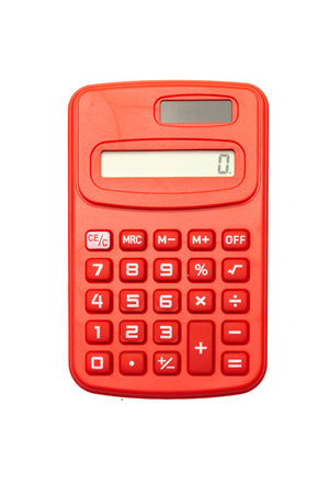 Red Solar Calculator Isolated on White Background with Digital Displayの写真素材