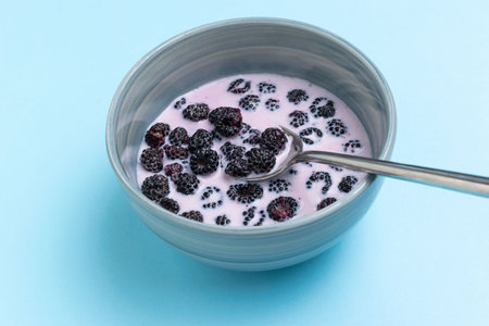 Fresh Blackberries in Creamy Yogurt Bowl on Pastel Blue Backgroundの写真素材