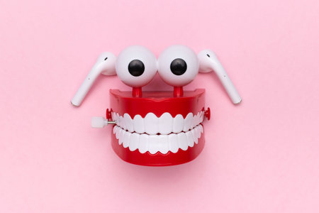Creative Fun Teeth Toy with Earbuds and Googly Eyes on Pink Background