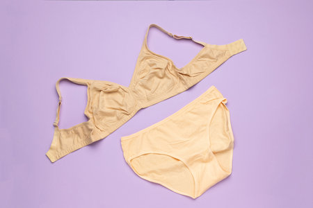 Beige Bra and Panty Set on Purple Background Showcasing Minimalist Lingerie Design