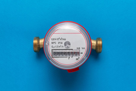 Close-Up of Water Meter with Brass Fittings on Blue Background for Utility and Energy Concepts