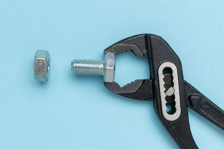 Adjustable Wrench Gripping Bolt and Nut on Light Blue Background for Mechanical Work Conceptの写真素材