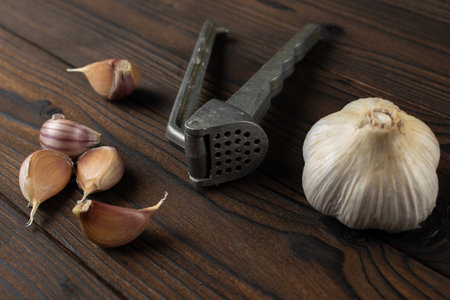 Fresh Garlic with Vintage Metal Press on Rustic Wooden Tableの写真素材
