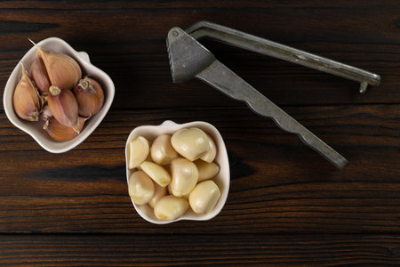 Fresh Garlic Cloves and Shallots with Garlic Press on Dark Wooden Background