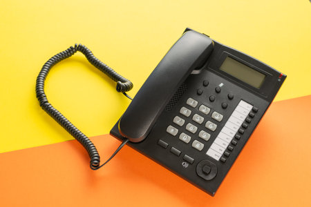 Vintage Office Telephone on Vibrant Yellow and Orange Background - Retro Communication Deviceの写真素材