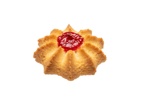 Golden Butter Cookie with Vibrant Red Jam on White Backgroundの写真素材