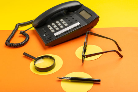 Retro Office Essentials: Landline Phone, Glasses, Magnifying Glass, and Fountain Pen on Colorful Backgroundの写真素材