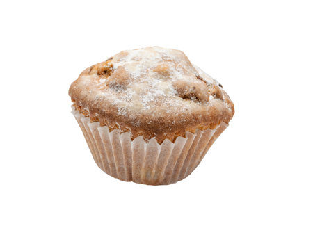 Close-Up of a Homemade Muffin Dusted with Powdered Sugar on a White Backgroundの写真素材