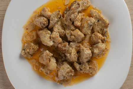 Gourmet Turkish Chicken Stew with Creamy Sauce on a White Plateの写真素材