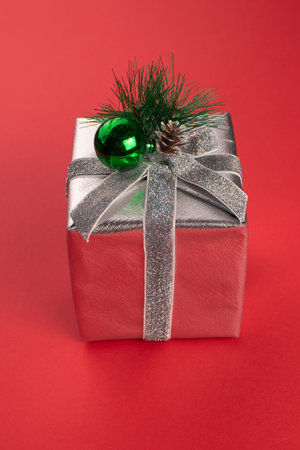 Festive Silver Gift Box with Green Ornament on Red Background - Holiday Celebration and Christmas Decoration Themeの写真素材