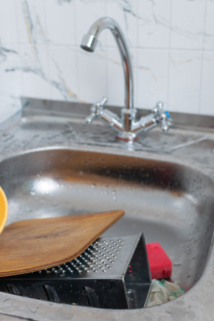Messy Kitchen Sink with Cutting Board, Cheese Grater, and Red Sponge for Domestic Chores Conceptの写真素材