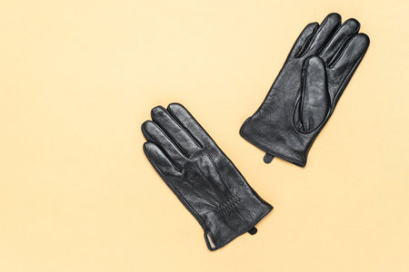 Elegant Black Leather Gloves on Minimalist Beige Background for Fashion Editorialsの写真素材