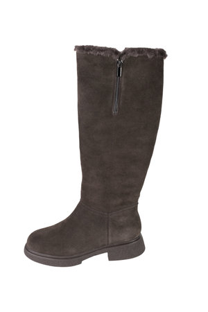 Elegant Brown Suede Winter Boot with Fur Lining and Side Zipper on Isolated White Background