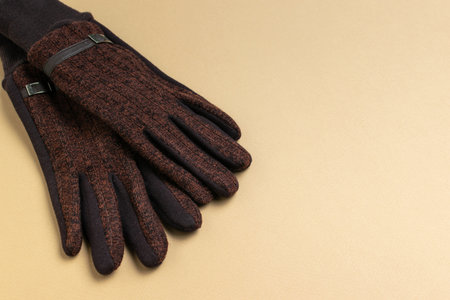 Elegant Brown Wool Winter Gloves on Soft Minimalist Beige Background for Fashion and Styleの写真素材