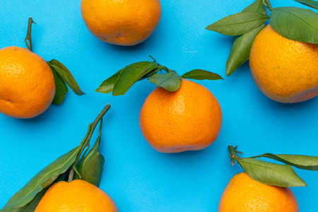 Fresh Oranges with Green Leaves on Vibrant Blue Background for Modern Food Photographyの写真素材