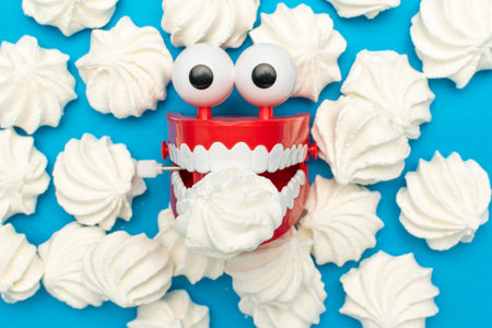 Chattering Teeth Toy Amidst Meringue Cookies on Bright Blue Backgroundの写真素材