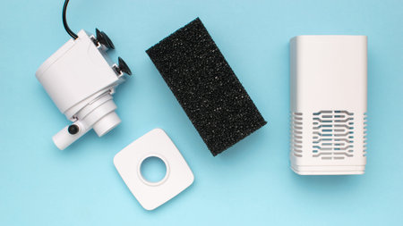 Smart Home Security: Waterproof Camera and LED Light Equipment on Blue Backgroundの写真素材