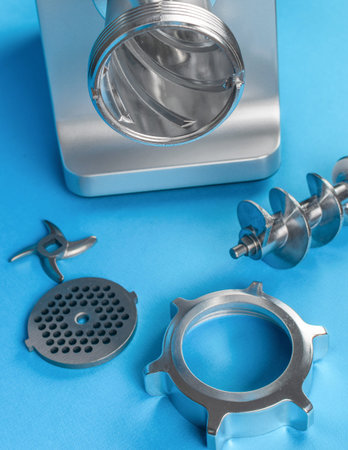 Modern Stainless Steel Meat Grinder on Blue Background with Disassembled Partsの写真素材