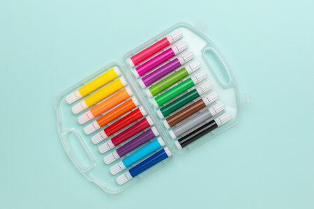 Colorful Marker Set in Plastic Case on Light Blue Background for Creative Projects