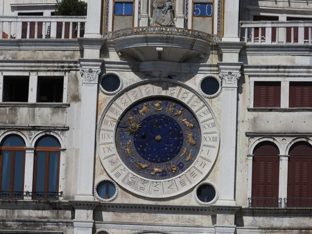 Zodiac clock. Clock Tower with winged lion and two moors striking the bell - early Renaissance 1497...